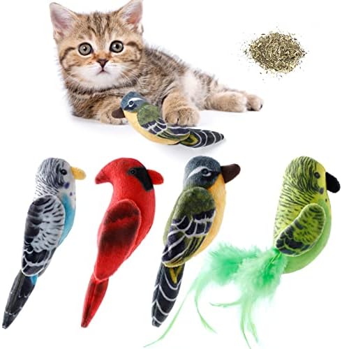 Dorakitten Cat Chew Toy Fabric 4pcs Algodão realista fofo interativo pássaro falso brinquedo de mordida artificial macia para gatinhos para gatinhos