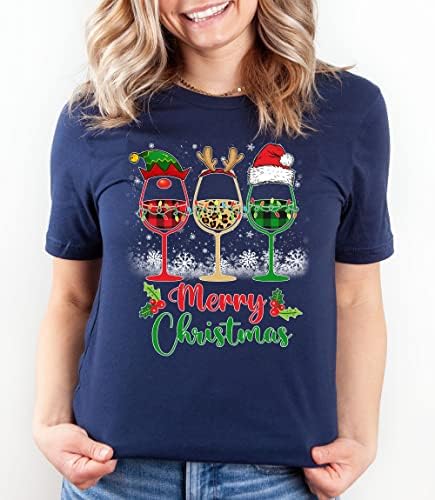Feliz Natal Camisa, Three Wine Glasses Papai Noel Hat Christmas Funny Wine Amante, Festa de Natal, Rena Plaid Leopard