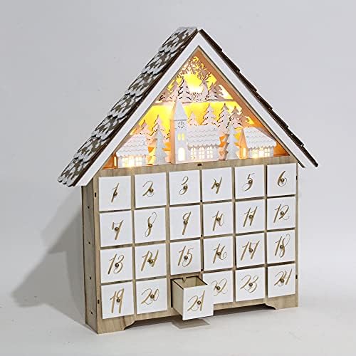 Casa do calendário do advento de madeira pioneira com 24 gavetas e luzes LED, contagem regressiva da cena da vila e Forrest para a decoração reutilizável de Natal 16,3 x 2,9 x 17,7 polegadas