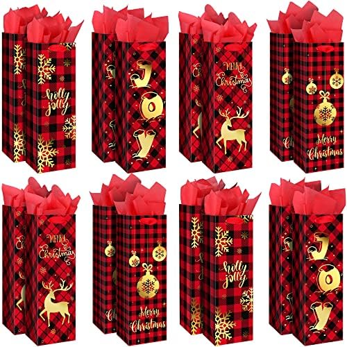 Mimind 16 Pacote sacos de presente de garrafa de vinho de Natal com papel de lenço de papel Red Buffalo Buffalo Sacos de embrulho de embrulho com alças Prind Gold Smach de papel de papel de garrafa para decoração de Natal, 14,2 x 4,7 x 3,1 polegadas