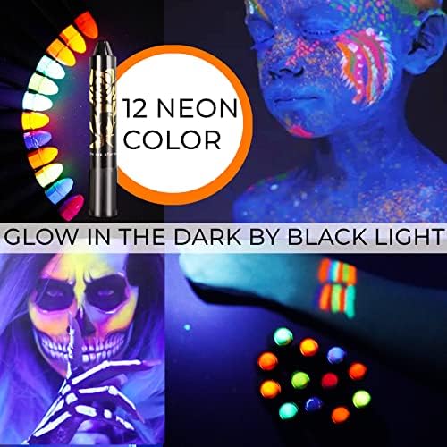 12 Cores Blacklight Blacklight Blacklight Face Paint Néon Maquiagem fluorescente Kit luminoso Facepaint para Kids Halloween,