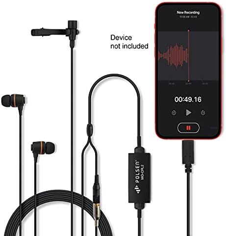 Microfone Lavalier Polsen Mo-Cpl2 com conector USB Tipo-C e fone de ouvido para smartphones, tablets e computadores