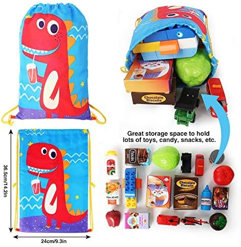 Kramow 12 PCs Kids Party Favor Bags para pacote de presentes para festas de aniversário, sacola de bote de tração com desenho animado dinossauro fofo projetado para meninos e meninas