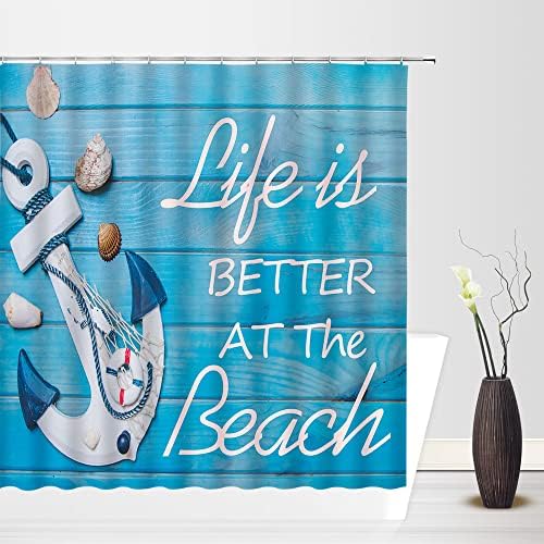Âncora rústica de âncora rústica âncora âncora náutica Vintage Blue Wooden Board Inspirational Ocean Beach Summer Conch Shel