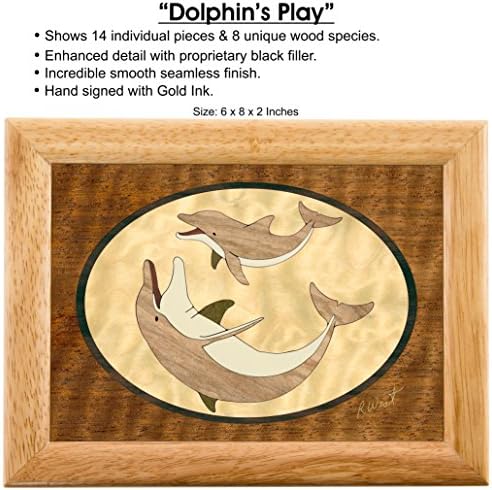 Wood Art Dolphin Box - Made Made USA - Qualidade incomparável - Única, não há dois são iguais - trabalho original da arte de madeira. Um presente de golfinho, anel, bugiganga ou caixa de jóias de madeira
