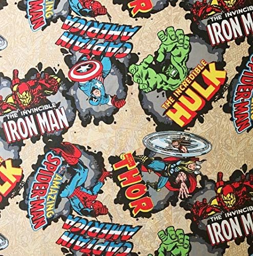 1 jardas - personagens da Marvel Comics jogados em tecido de algodão tan - Spiderman Capitão América Thor Iron Man 1 jardas x 44