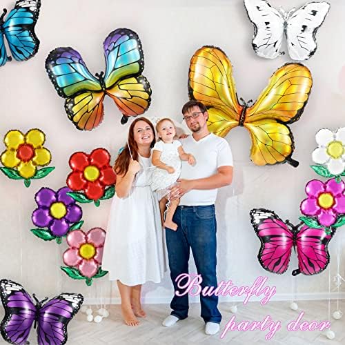 Woanger 28 peças Balões de borboleta grandes balões enormes de flores coloridas de alumínio de alumínio Decorações de