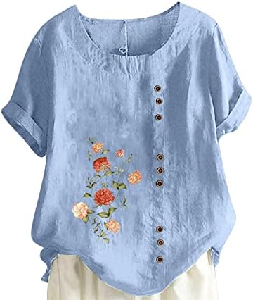 Tops de linho de algodão de grandes dimensões para mulheres com estampa floral moderna Camisetas de manga curta Camisetas de verão Botões de ajuste solto camisetas