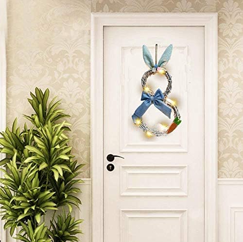 Greante de Páscoa de 19 polegadas para a porta da frente Rattan Bunny Decor Lights com arco de bule para decorações de casa e parede