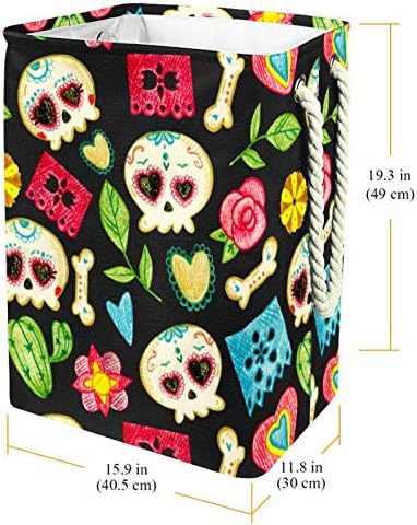 Indomer Hand desenhado dia colorido do padrão morto Padrão de crânio Lavanderia grande cesto de roupas prejudiciais à prova d'água para cesto de roupas para o organizador de brinquedos de roupas, decoração de casa para banheiro do quarto
