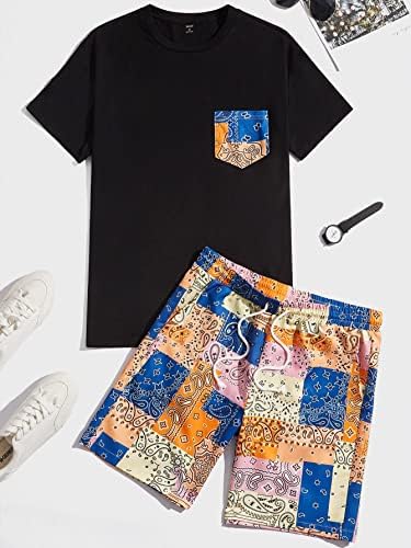 Roupas de duas peças de fioxa para homens Paisley Camise de bolso remendada e shorts de cintura de cordão