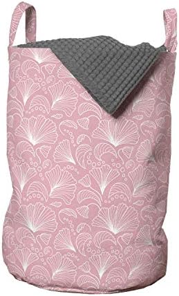 Bolsa de lavanderia rosa pálida de Ambesonne, padrão floral ornamental com linhas rodopiantes que florescem Pétalas femininas Design feminino, cesto de cesto com alças fechamento de cordão para lavanderias, 13 x 19, branco