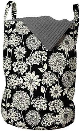 Bolsa de lavanderia vintage lunarável, design de contorno floral com flores silvestres em fundo escuro de fundo nostálgico, cesta