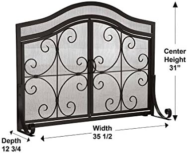 Plact e lareira de lareira de metal Arco preto da crista do metal | 38 W x 31 H | 2 - Porta | Spark Guard Indoor Grate