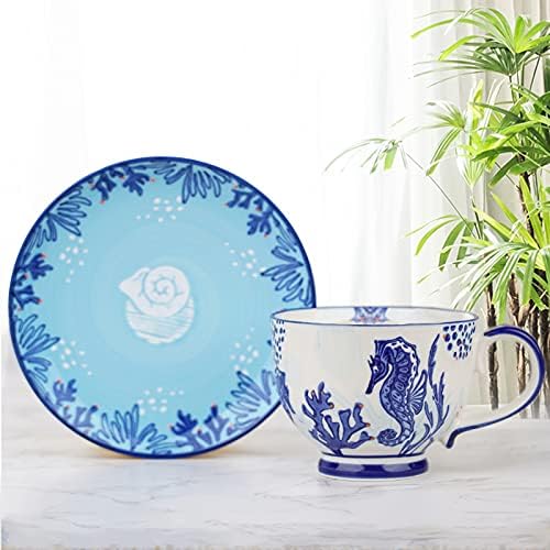 Taimei Teatime Ceramic Tea Cup e pires Conjunto para uma caneca de café grande e pires de 14,5 oz, xícara de café azul