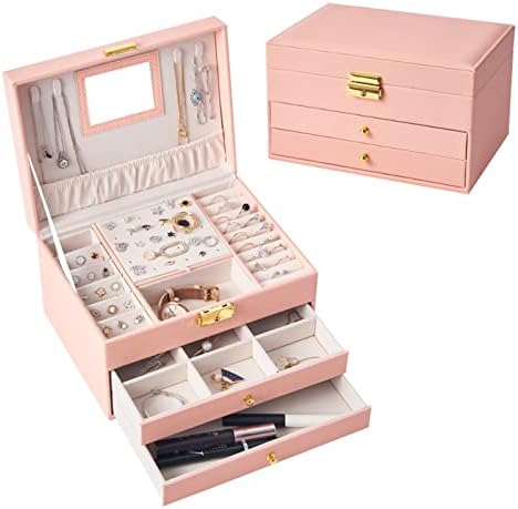 P01U04 Caixa de jóias com trava e espelho Jewelry Organizer Storage Streting com exibição de 3 camadas para brincos Bracelets