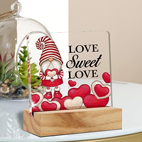 Decoração de mesa de amor do Dia dos Namorados, amor doce amor fofo gnomo vermelho acrílico sinal decorativo com suporte de madeira