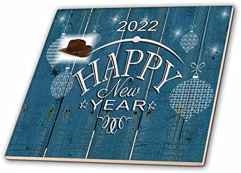 Imagem 3drose de madeira aqua country com chapéu de cowboy e feliz ano novo - azulejos