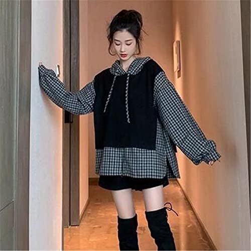 Suéter com capuz Tops de retalhos de retalhos fofos femininos solteiros de outono com capuz coreano