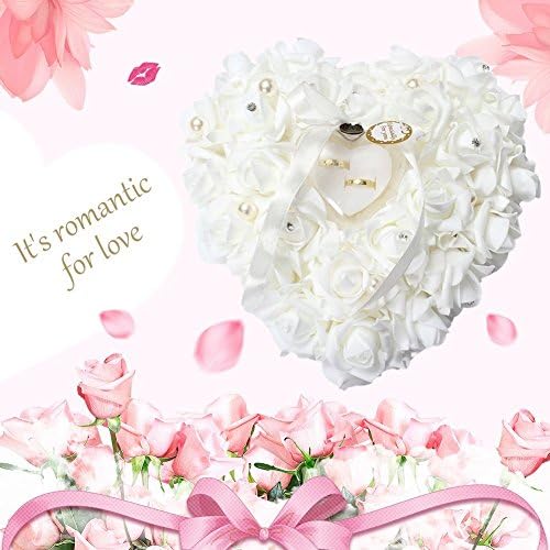 Travesseiro de anel de casamento, travesseiro de anel branco para renda de casamento Crystal Rose Heart Ring Box Acessórios de casamento