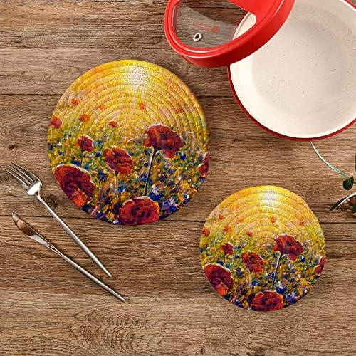 Monet Poppy Flower Sunrise Trivets para pratos quentes suportes de panela Conjunto de 2 peças almofadas quentes para trivetes