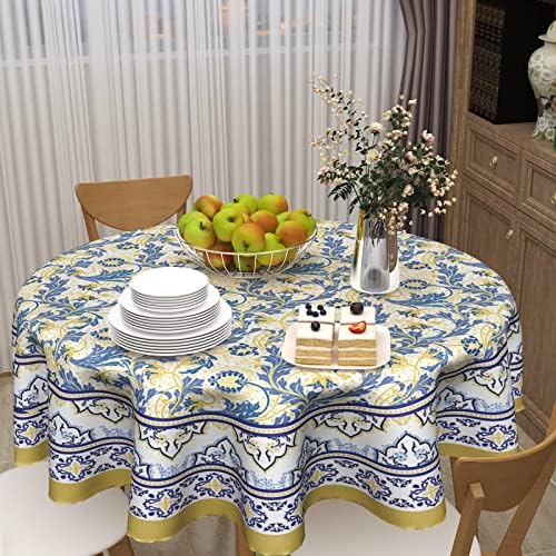 Tonela de mesa floral amarela e azul Rodada de 60 polegadas Fazenda Boho Tolera de mesa de mesa de mola de tecido de tecido de tecido com rugas resistentes à sala de jantar de festas de festas de férias de cozinha