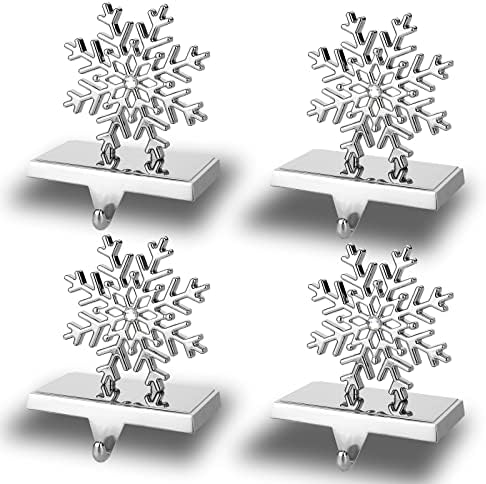 Conjunto de 4 titulares de meias de floco de neve de Natal para manto, 3D Sliver 8 Corners Snowflake Stocedge Hook Ornamentos de Natal para Tabelas Janela Mantle Decoração Home Decoração