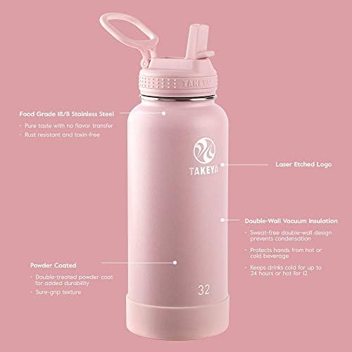 Takeya Actives Isolled Stainless Steel Water Bottle com tampa de palha, 24 onças, blush e activos garrafa de água em