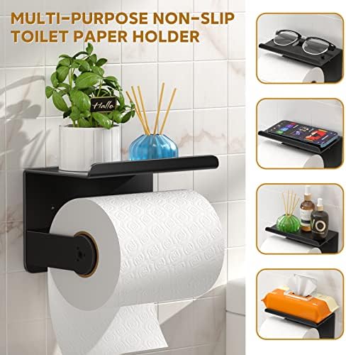 Suporte de papel higiênico com prateleira, suporte de papel de papel higiênico WinProper com efeito de amortecimento, adesivo ou suporte preto de parafuso com prateleira de telefone para banheiro banheiro