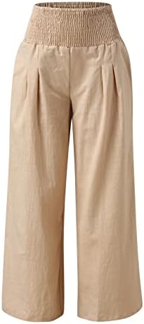 Calças de perna larga de linho para mulheres elásticas de cor pura e elástica calça larga de cintura larga com bolsos Flutuy Fyfy Palazzo calças