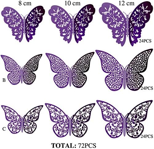 72 peças 3d Decalques de parede de borboleta adesivo decalque decalque decalque decoração de arte adesiva Conjunto de 3 tamanhos