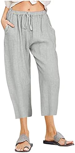 calças de linho lcepcy capri para mulheres casuais cordas de tração alta calça de perna larga de perna larga calça