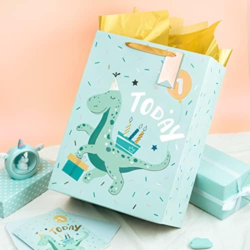 WrapAholic 16 Bolsa de presente de 1º aniversário de 1º aniversário com cartão e papel de seda - design adorável de dinossauros para menino, chá de bebê, festa
