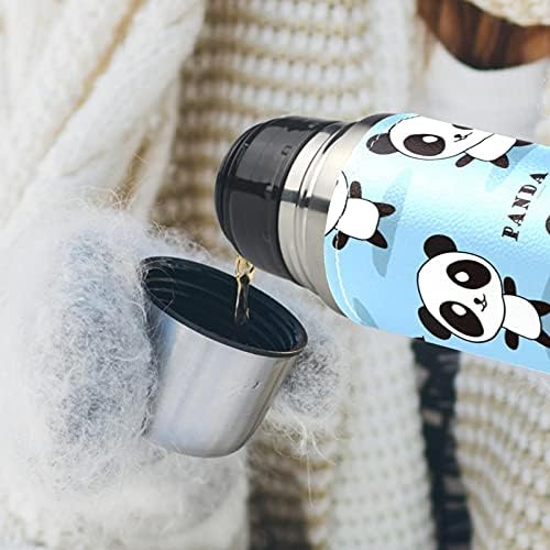 Caneca isolada a vácuo de aço inoxidável, garrafa de água térmica de estamposição fofa de panda azul para bebidas quentes e
