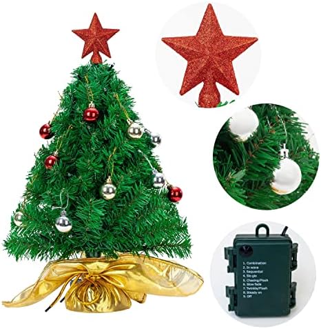 JOIEDOMI 23 polegadas de árvore de Natal, mini árvore artificial de Natal com luzes e ornamentos de cordas LED, decoração de árvore de decoração de ano novo