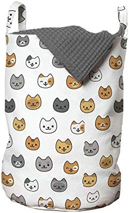 Bolsa de lavanderia de gatinho de Ambesonne, padrão de gatos de desenhos animados diferentes cores de raças com rostos