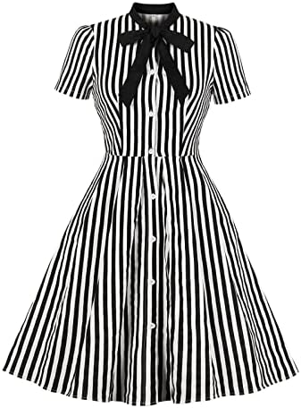 Vestido de camiseta listrado para mulheres mangas curtas camisa vestidos balanços tira gravata pescoço botão vintage para baixo vestido de festa casual