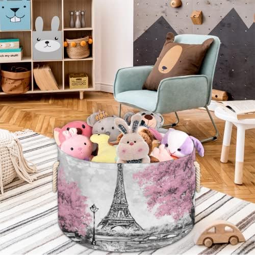 Eiffel Tower Tree Pink Grande cestas redondas para cestas de lavanderia de armazenamento com alças cestas de armazenamento de cobertores