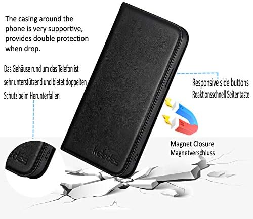 KELEDES CARTLET CASO PARA iPhone 12/12 Pro 5G 6.1 , Genuine Leather iPhone 12/12 Pro Case Wallet Folio Flip Telefone, bloqueio RFID, porta -cartas, suporte, fechamento magnético, à prova de choque, preto