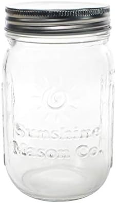 Sunshine Mason Co. Pint, pedreiros de vidro de boca regular com tampas de armazenamento de plástico branco 6 pacote
