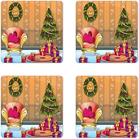 Conjunto de montanha -russa de Ambesonne de 4, desenho animado de quarto com tema de Happy Noel com árvores de assento