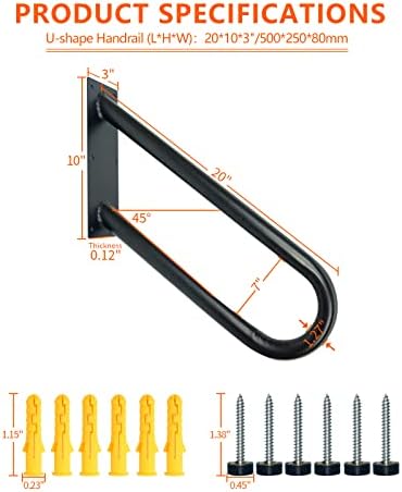 ITEVE.GD Mão corrimões montados na parede por 1-2 etapas, corrimãos em forma de U de 20 polegadas, corrimãos de escada preta com parafusos para barra interna ou externa, barra de segurança para garagens, varandas, jardins…