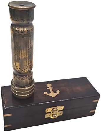 Caleidoscópio de bronze feito com caixa de madeira Vintage Look Antique acabamento marítimo de latão óptico colecionável anel de latão colecionável que trabalha caleidoscópio