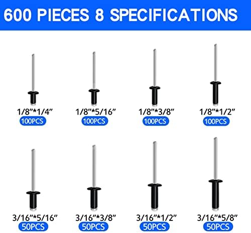 600pcs Black Pop rebites, 8 tamanhos de Kit de sortimento de rebites cegos de alumínio （1/8 x 1/4, 5/16 , 3/8, 1/2 ; 3/16 x 5/16 , 3 /8 , 1/2, 5/8 ）