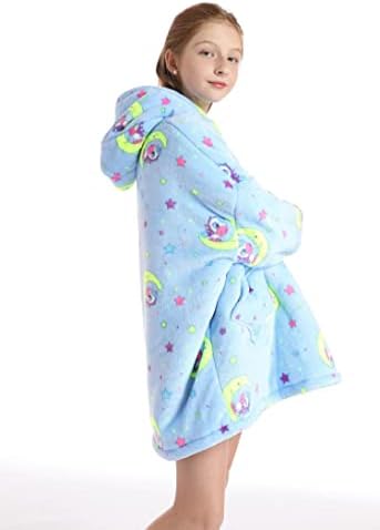 Hoodie cobertor para crianças de 4 a 12 anos de flanela de flanela vestível com capuz de capuz de tamanho grande com bolsos e