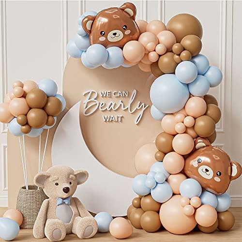 Decorações de chá de bebê de urso para meninos 141pcs urso balloon guirlanda arco kit marrom azul e urso papel floresta