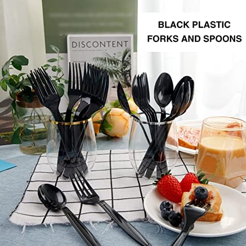 Supernal 400pcs Fifts e colheres de plástico, talheres de plástico preto, utensílios de plástico de festa incluem 200 garfos