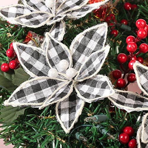 FUNARTY 12 peças Buffalo preto e branco Verifique a xadrez de Natal da árvore de natal, flores de natal de Natal com clipes de clipes 6 polegadas para grinaldas de árvore de Natal
