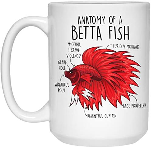 Presentes Greenstar Betta Fish Coffee Caneca, Cute Siamese Fighting Fish Gift, Pet Betta Amante, Copo de Peixe Beta engraçado, Tanque Tropical de Aquário, Mãe Fish, Pai, Anatomia 15oz
