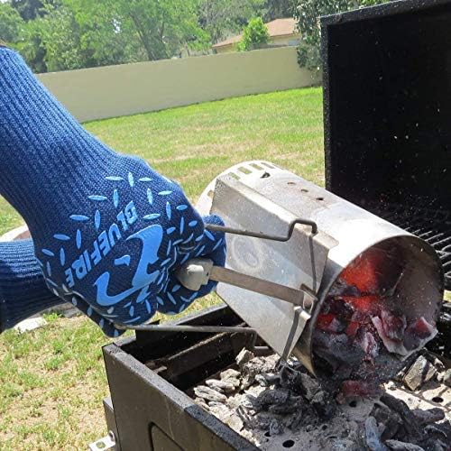 Luvas de fogo azul churrasqueira BBQ Firepit forno Mitts Resistente ao calor 932 graus F Grade profissional certificada